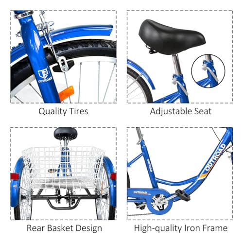 7-Speed Adult Tricycle with Large Basket 24/26 Inch, Stable 3-Wheel Cruise Bicycle for Shopping, Beach and City Trike Perfect for Men, Women