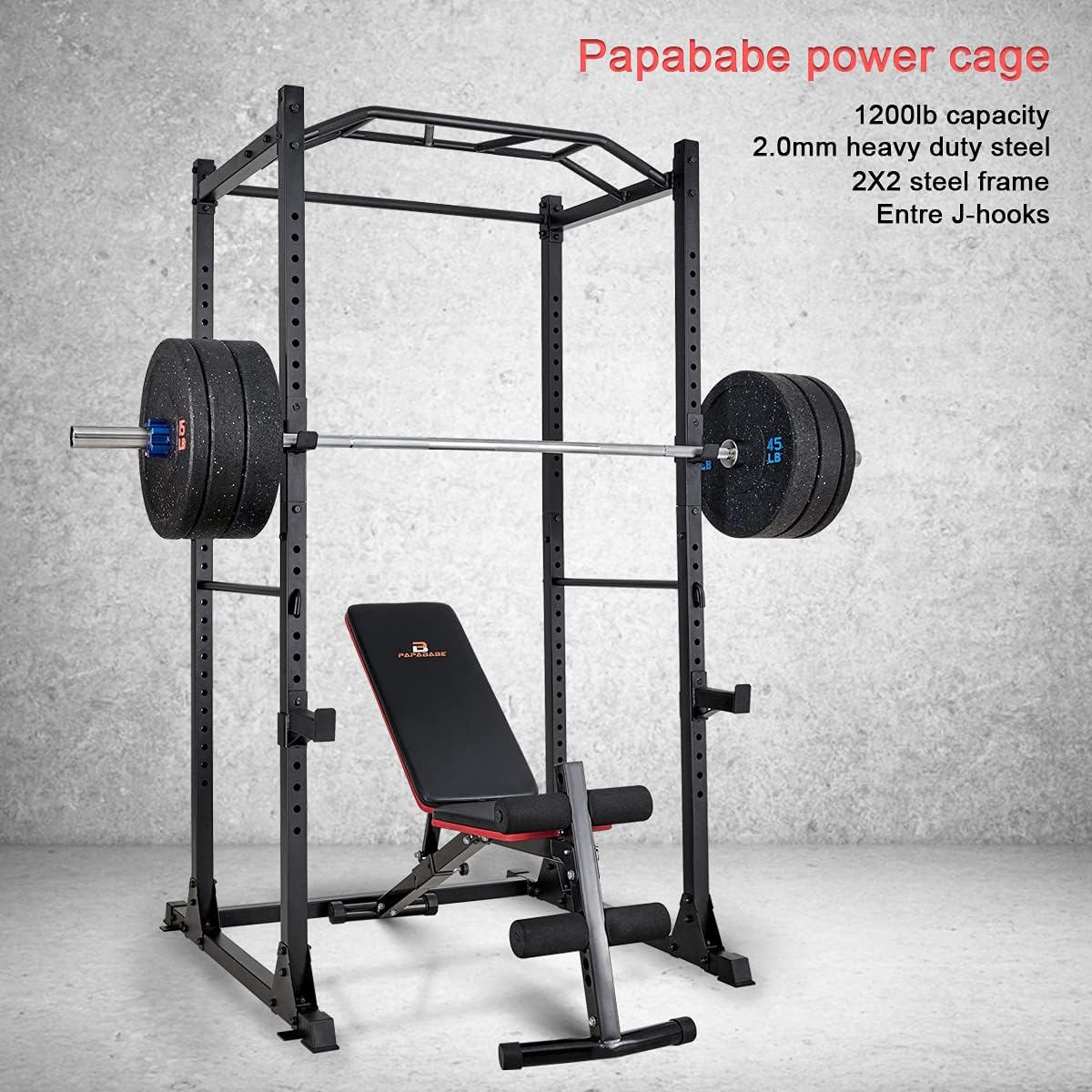 Power Rack Power Cage Workout Station Home Gym for Weightlifting Bodybuilding and Strength Training (1200lb Capacity with 2 Extra J-Hooks)