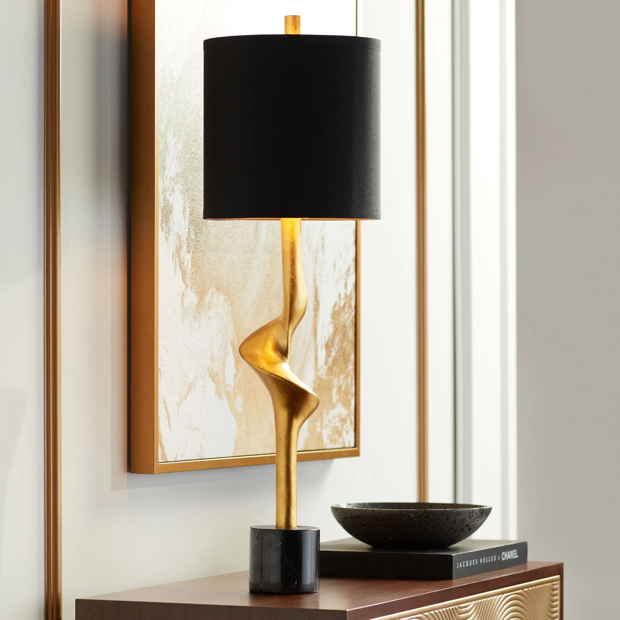 Possini Euro Design Minerva 32" Tall Large Modern Glam End Table Lamps Set of 2 Gold Leaf Black Shade Living Room Bedroom Bedside