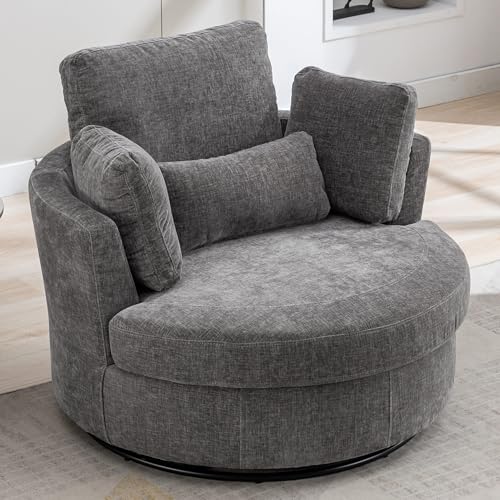 Aoiy & Wifon 42.2" W Oversized Swivel Barrel Chair with Ottoman, Upholstered Round Accent Chair with Storage Ottoman, Chenille, Beige