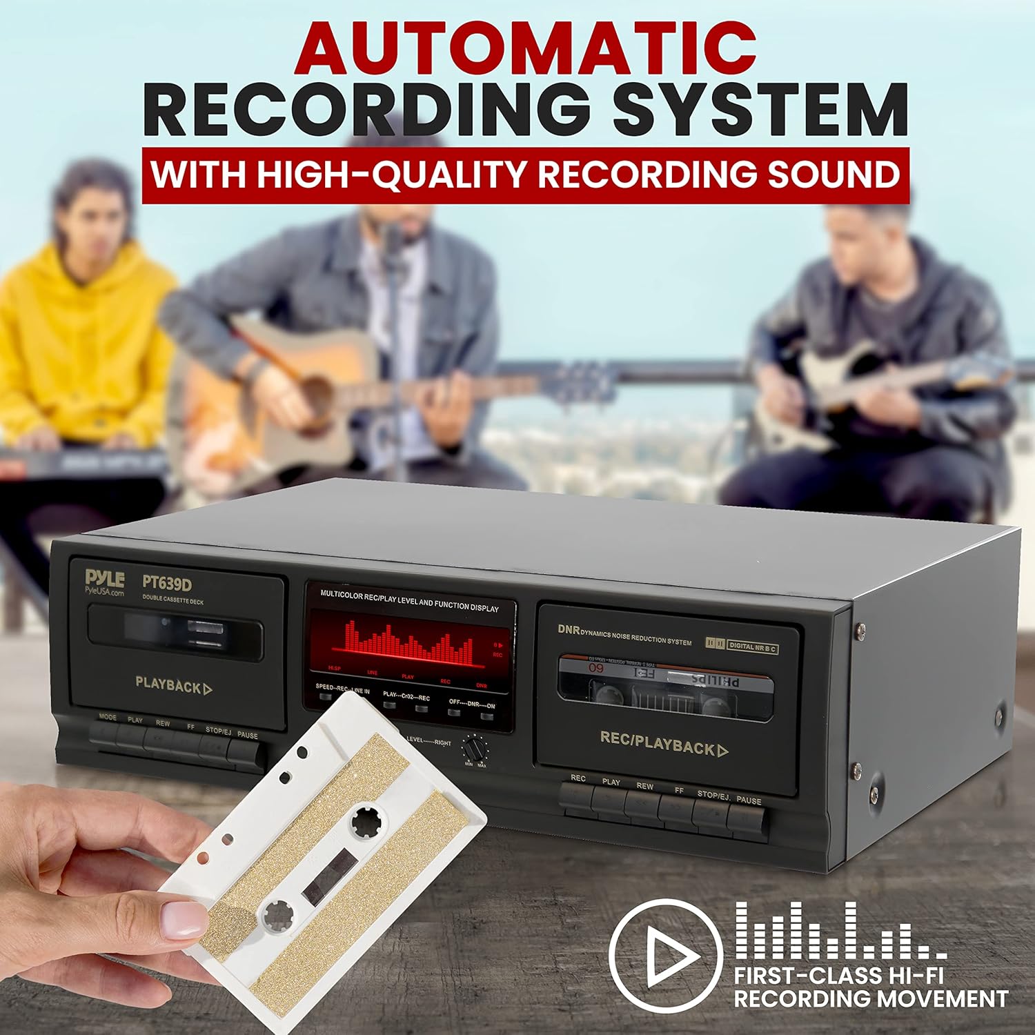 Pyle Dual Cassette Deck Stereo - Compact & Portable Hi-Fi Tape Recorder Player with Digital Professional Noise Reducing System, Automatic Recording
