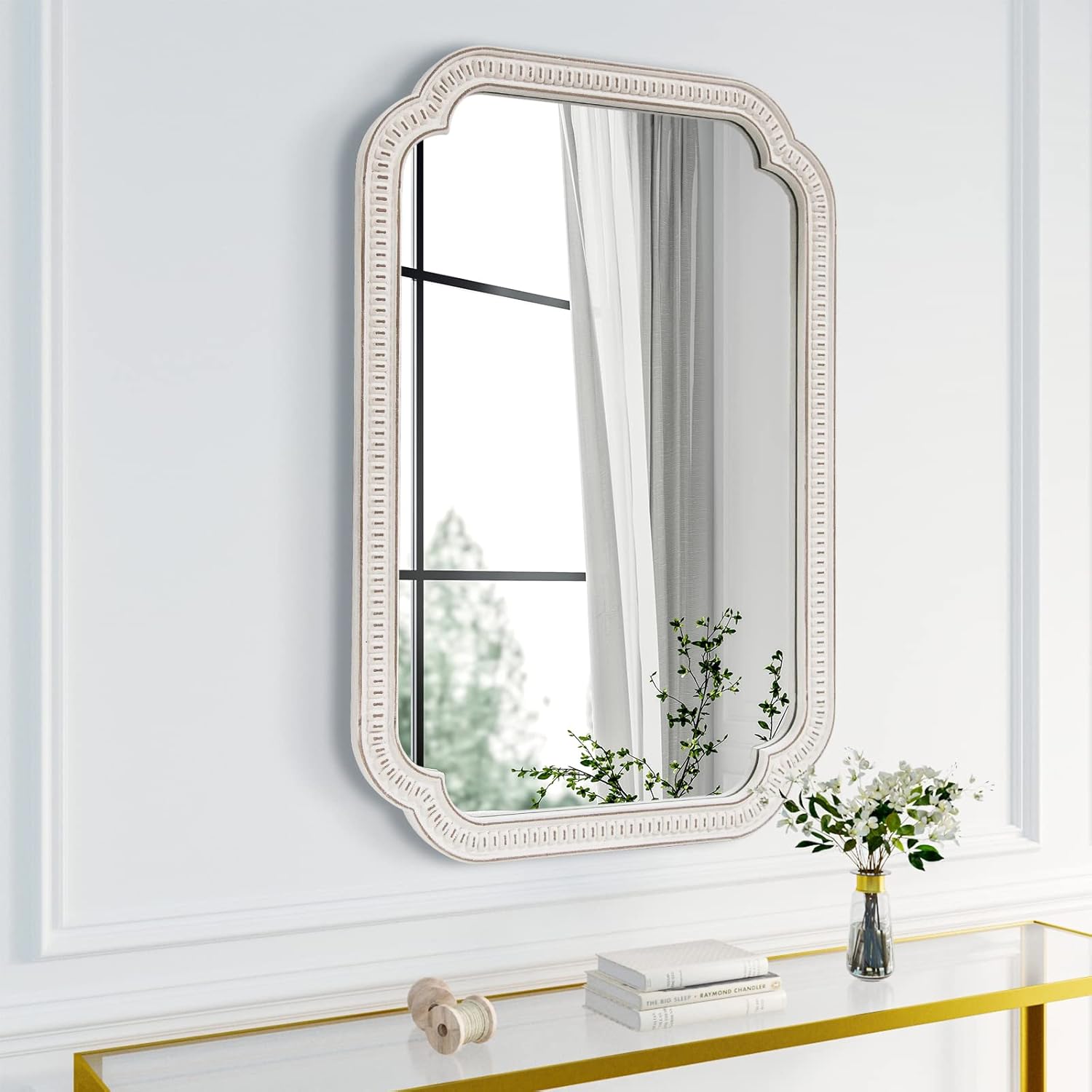Farmhouse-Mirror, Large Wood Frame Wall-Mirror-Decorative with Arched Corners, 36 x 25 in Farmhouse Bathroom Vanity Mirror