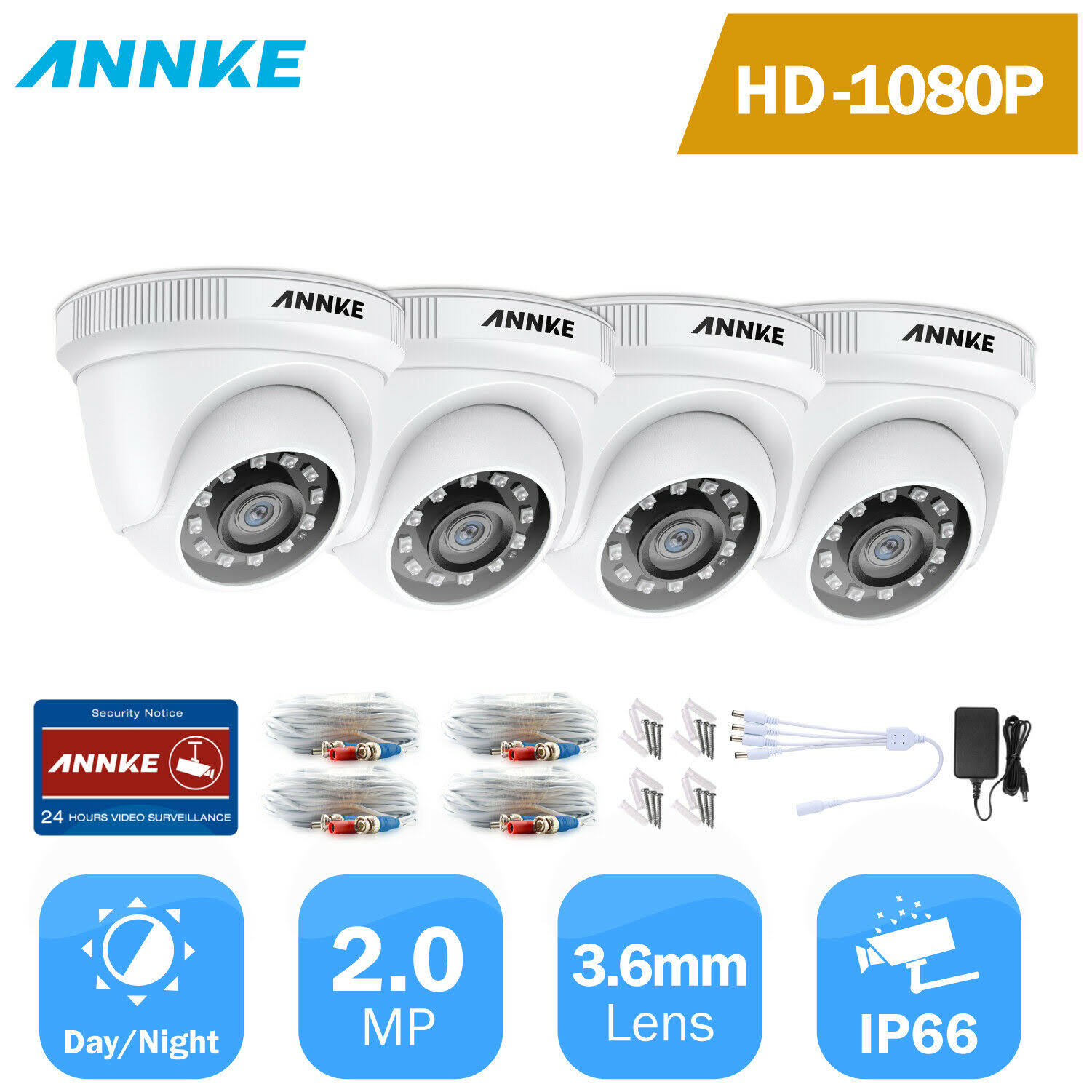 ANNKE 4pcs 1080p HD Outdoor Security Camera 2MP Video Surveillance Night Vision