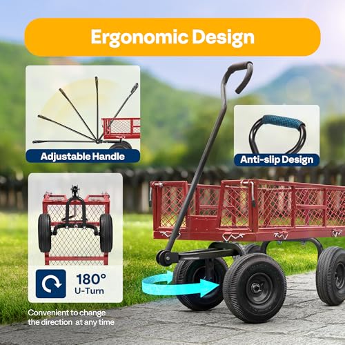 VIVOHOME Heavy Duty 880 Lbs Capacity Mesh Steel Garden Cart Folding Utility Wagon with Removable Sides and 4.10/3.50-4" Wheels 10 inch Tire (Black)