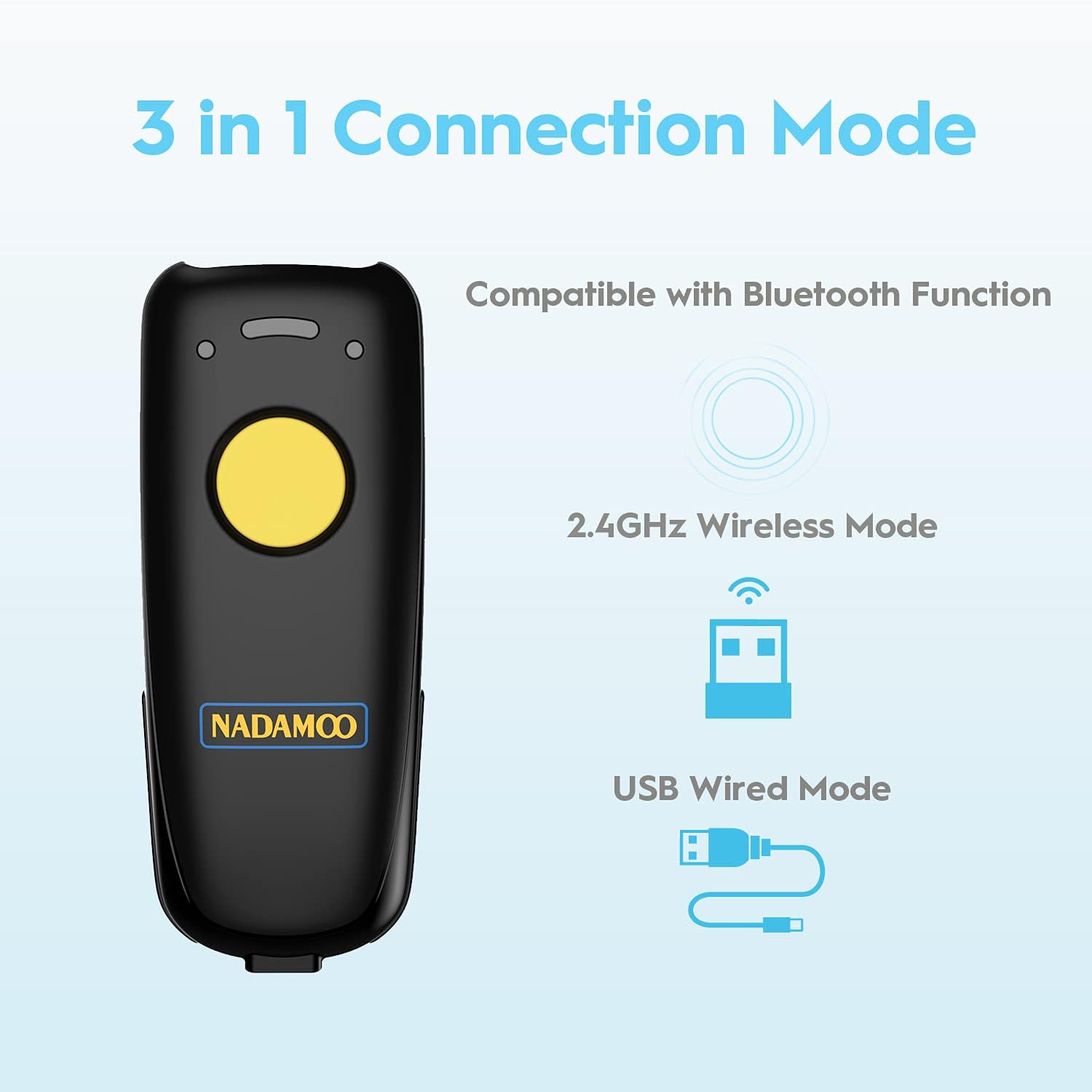 NADAMOO Wireless 2D Barcode Scanner Compatible with Bluetooth, 2.4G Wireless & USB Wired Connection