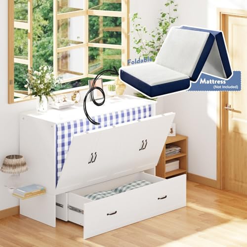 FAMAPY Twin Murphy Bed with Built-in Charging Station, Space-Saving Murphy Bed Chest Twin with Drawer, Foldable