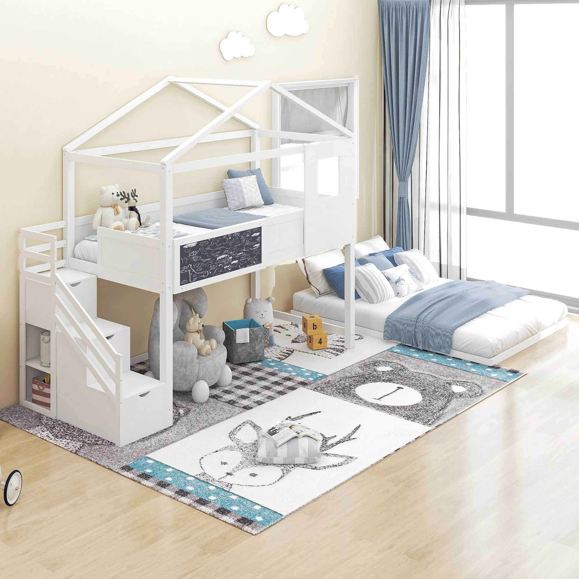 SYNGAR House Bunk Beds for Kids, Solid Wood Twin over Full Bunk Bed with Storage Staircase and Blackboard