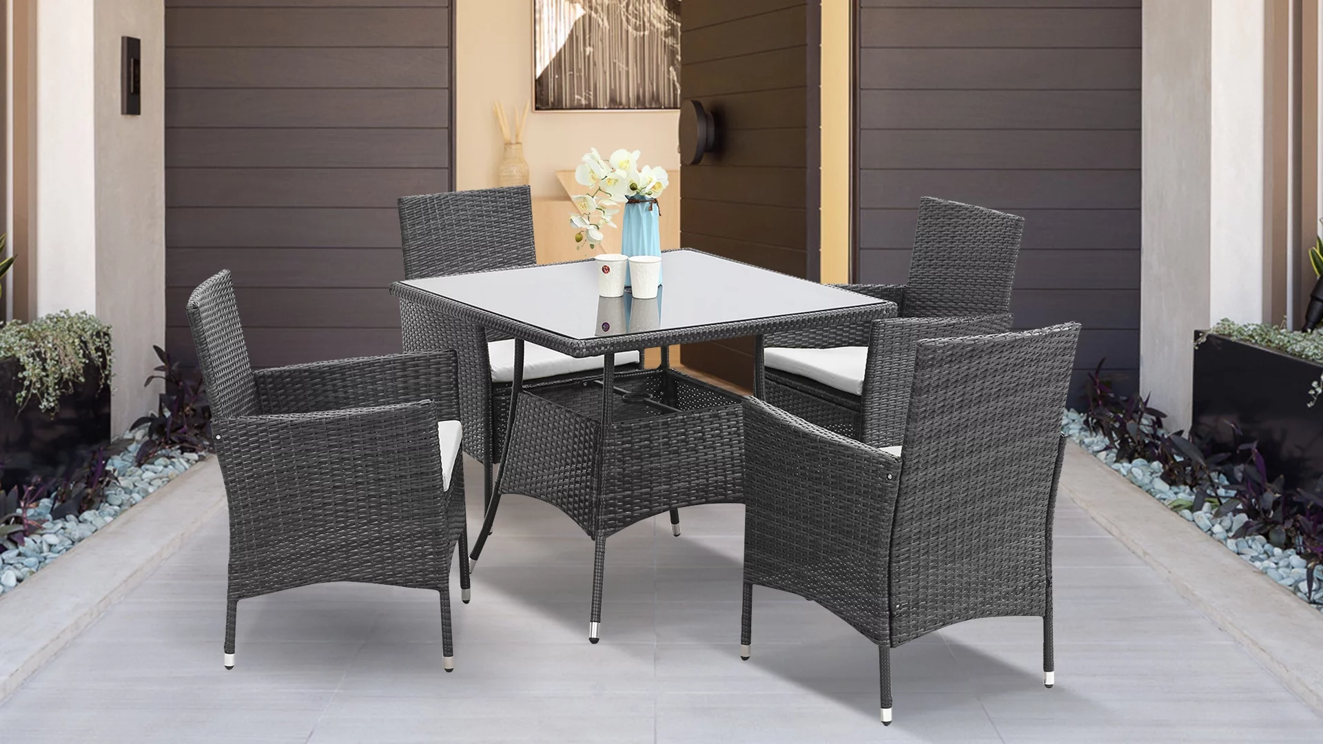 CozyHom 5 Pcs Outdoor Patio Wicker Furniture Dining Table Sets, Sectional Conversation Glass Dining Table Chairs Set for 4 with Umbrella Hole, Grey