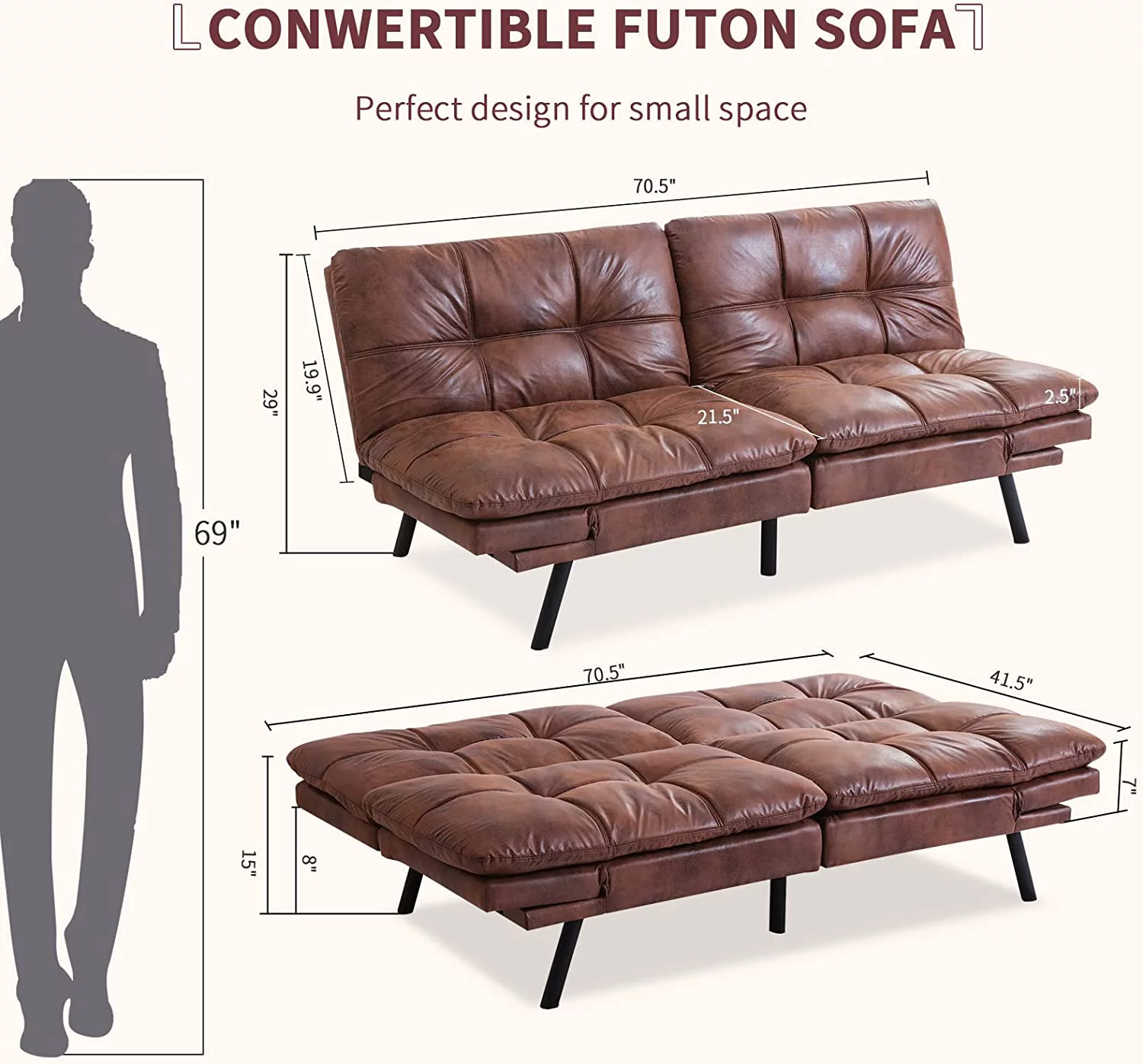 Leather Futon Sofa Bed,Convertible Memory Foam Couch Bed,Futon Sets Daybed with Mattress Included