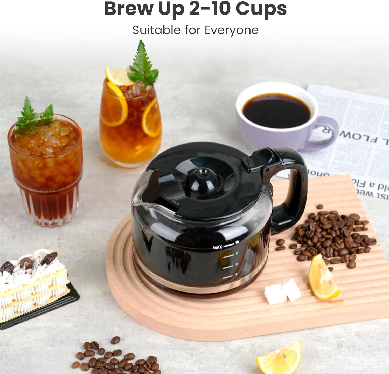 Gevi 10-Cup Drip Coffee Maker with Built-in Grinder, Programmable Brew Coffee Machine with Timer, Reusable Filter, 1.5L Water Tank, Coffee Pot