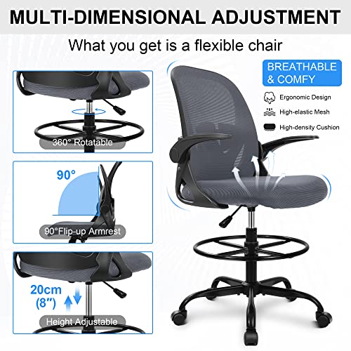Primy Drafting Chair Tall Office Chair with Flip-up Armrests Executive Ergonomic Computer Standing Desk Chair with Lumbar Support and Adjustable