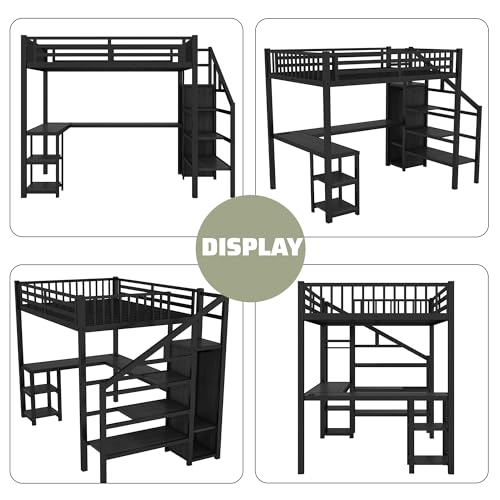 Queen Loft Bed with L-Shaped Desk and Stairs,Metal Queen Size LoftBed with Wardrobe and Adjustable Shelf, Gaming Bed with LED and USB