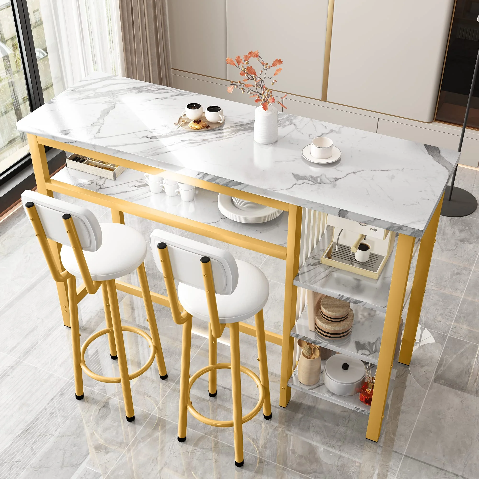 AWQM Bar Table Set, Modern Kitchen Table Set, Bar Counter Height Table Set with 2 PU Upholstered Stools, Dining Table Set with 4 Storage Shelves