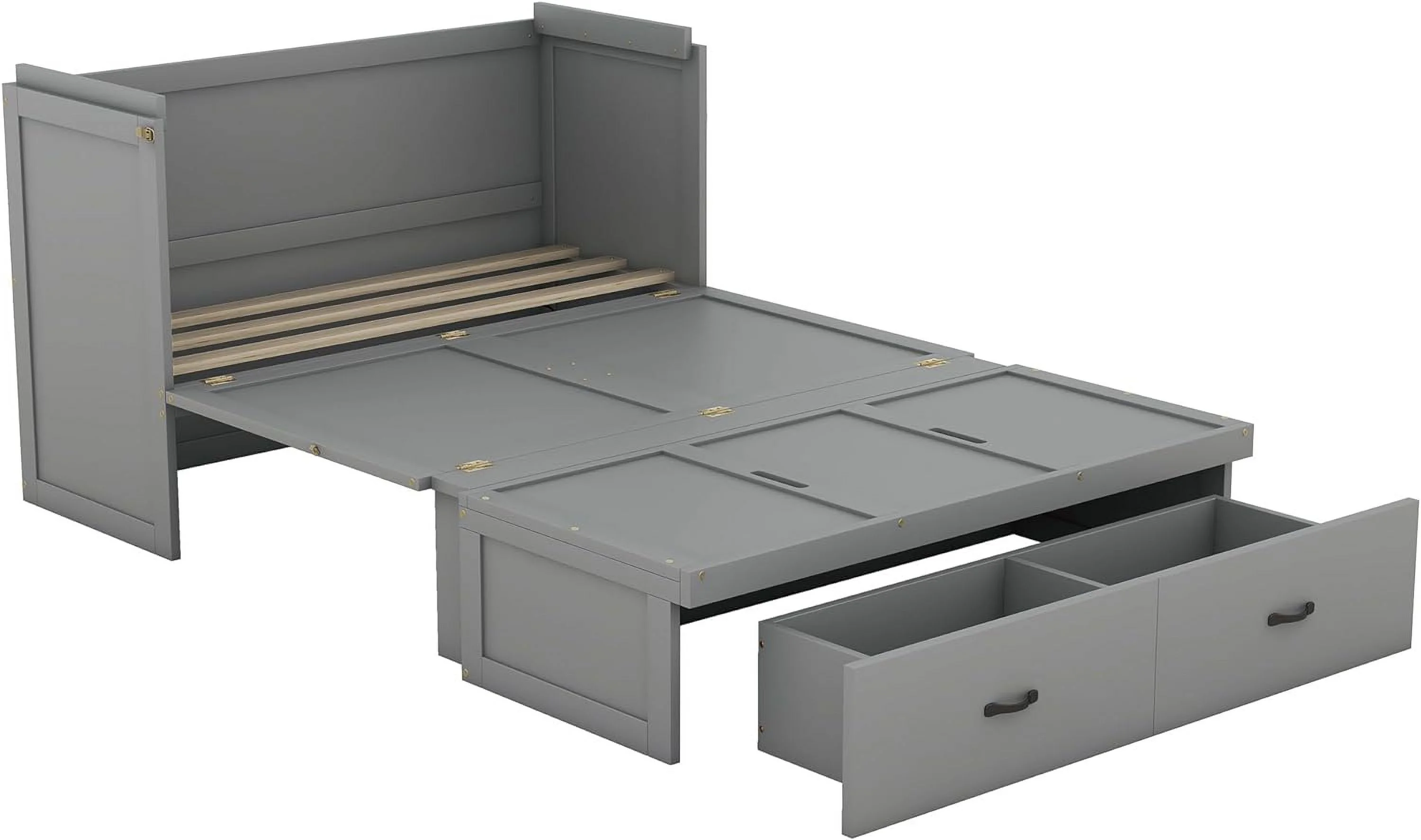Full Size Murphy Bed Wih USB Por Ad A Large Drawer, Space-Savig Wall Bed For Mulipurpose Gues Room Or Home Office - Gray