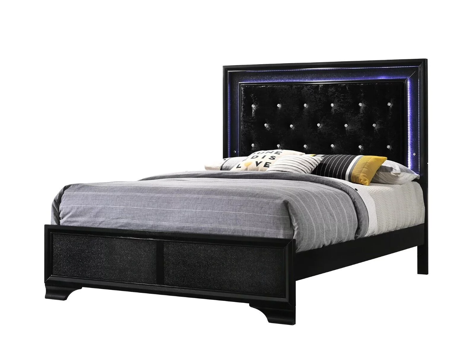 4pc Modern Glam Style Full Size Upholstery LED Bed Dresser Mirror Nightstand Set Wooden Bedroom Furniture Black