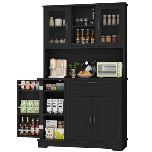 Shintenchi Kitchen Pantry Storage Cabinet, Freestanding Buffet Cabinet with Microwave Stand & 4 Door Shelves, Kitchen Hutch with Doors