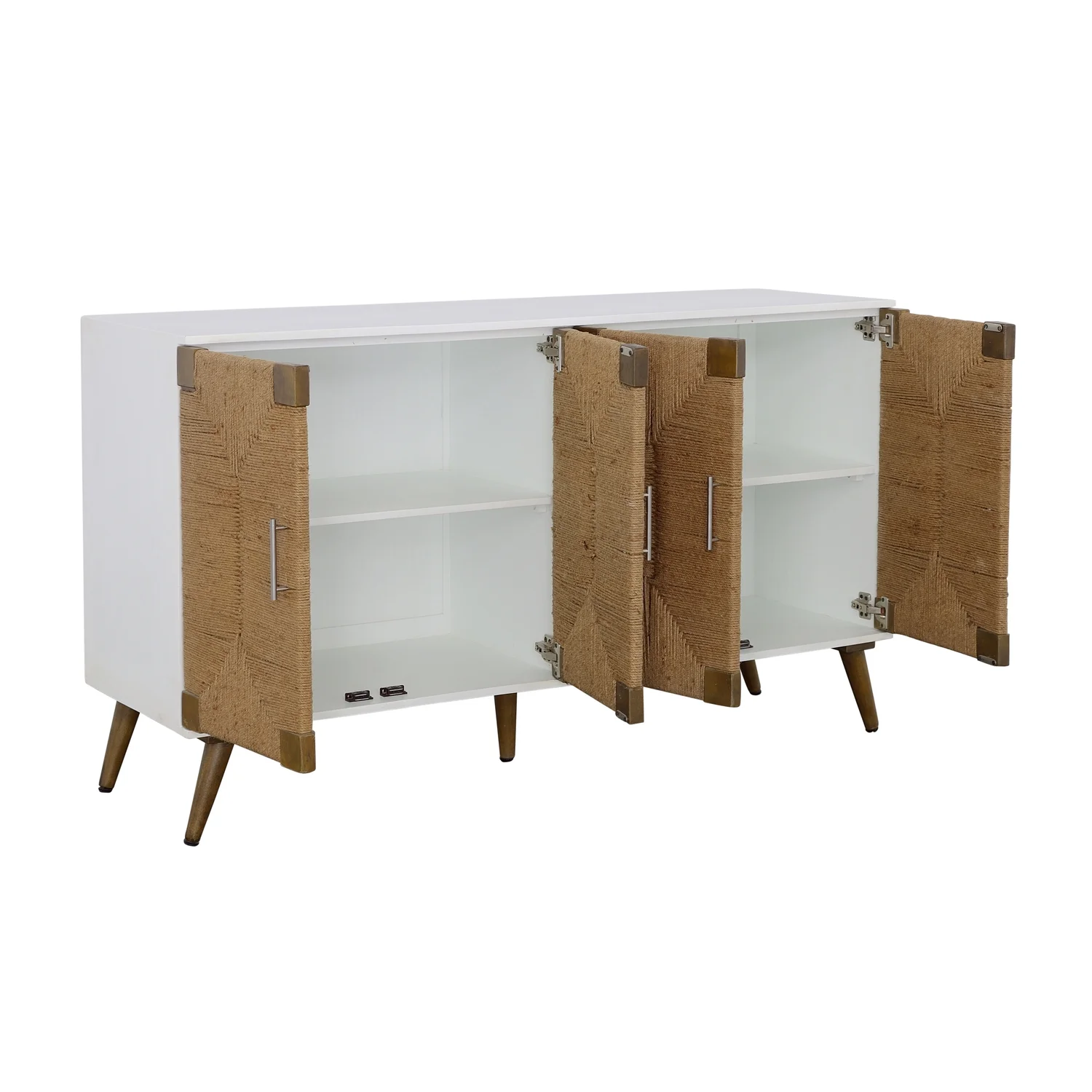 Coast To Coast Imports 4-Door Wood Credenza with Handwoven Jute Details in White