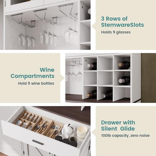 ANCTOR Kitchen Hutch Cabinet with Storage Tall Pantry Storage Cabinet with Glass Doors, Power Outlet, Microwave Stand, Adjustable Shelves, Drawer