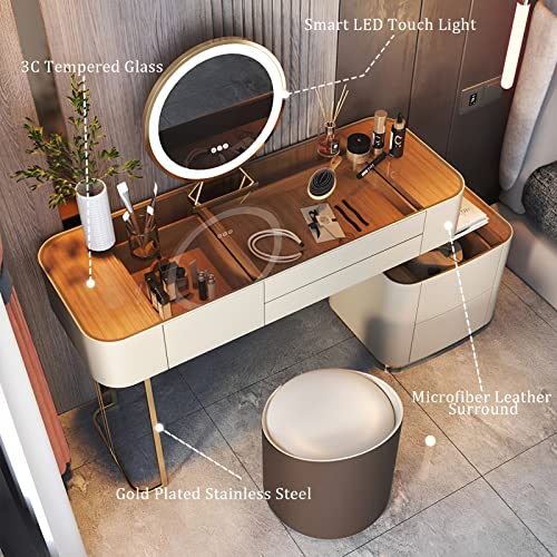 Vanity Desk Mirror and Lights, Mordern Dressing Table & Flexible Side Cabinet & Makeup Stool for Bedroom, Wood Frame Leather Finish Glass Top (47in)