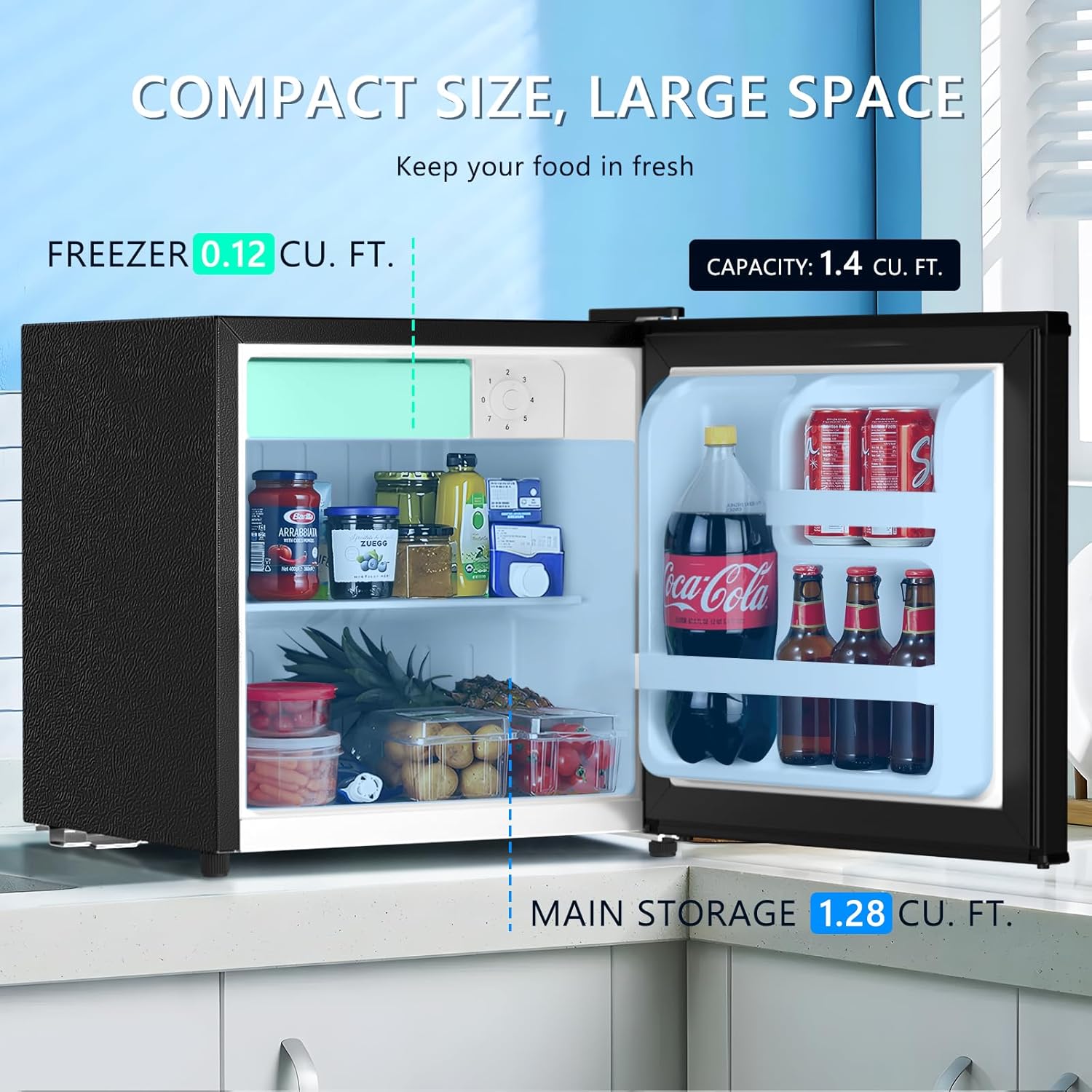 Antarctic Star Mini Fridge with Freezer, 1.4 Cu. Ft Compact Refrigerator, Dorm Fridge, Single Reversible Door, Removable Glass Shelf, Defrost Button