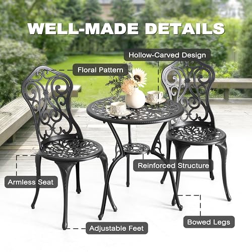 NUU GARDEN 3 Piece Bistro Set Outdoor, All Weather Cast Aluminum Patio Bistro Sets Patio Table and Chairs Set of 2 with Umbrella Hole for Yard