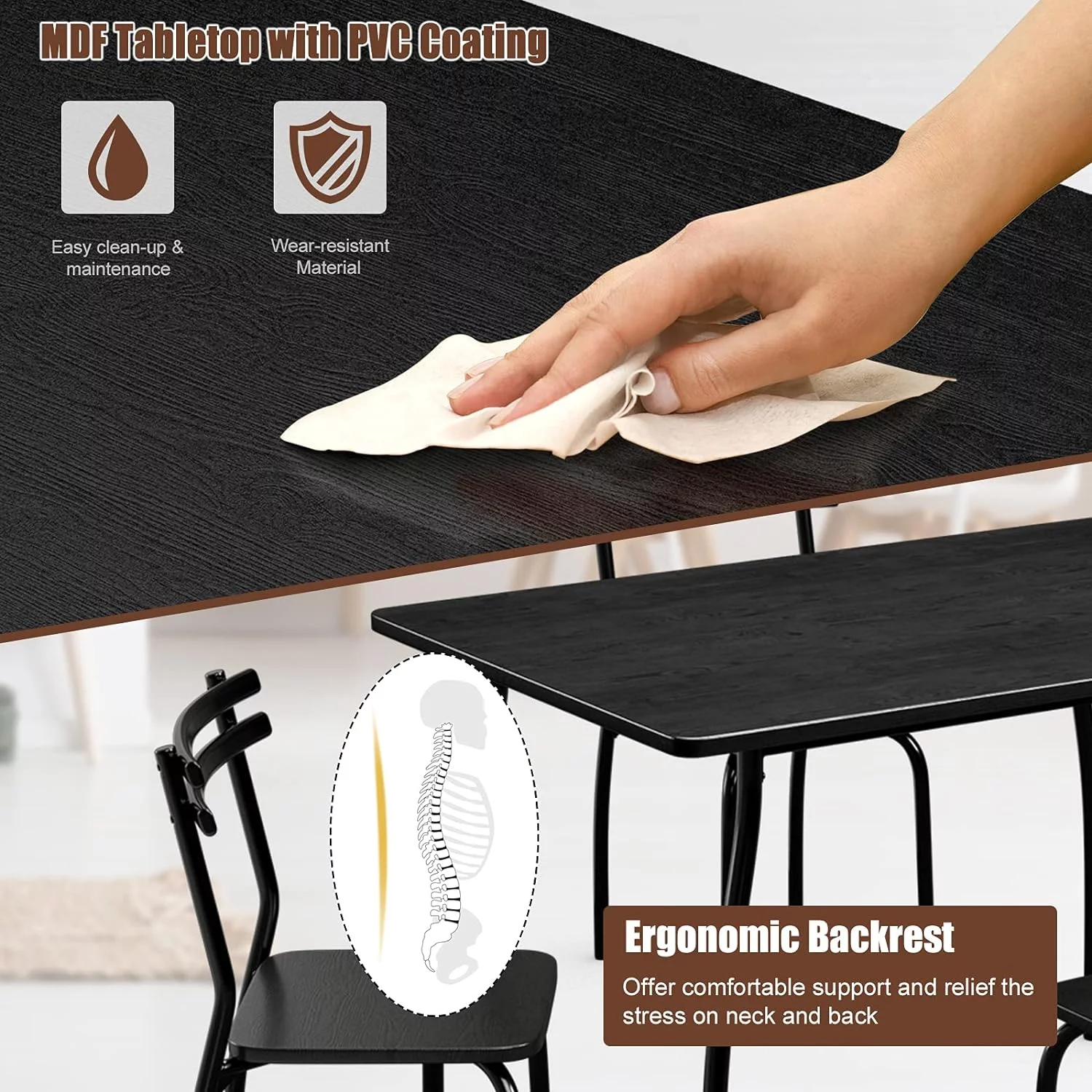 For 4, Modern Metal And Wood Indoor Rectangular Dining Table Furniture Set For Dining Room, Kitchen, Dinette, Table And 4 Chairs W/Metal Legs