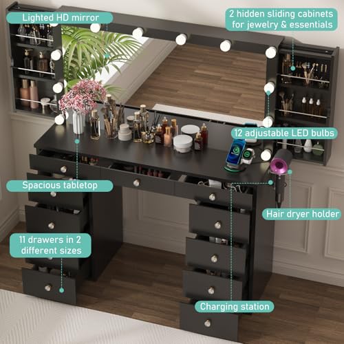 Likein Vanity Desk with Mirror and Lights, White Vanity with Jewelry Storage Cabinet, Makeup Dressing Table with 11 Drawers, Charging Station