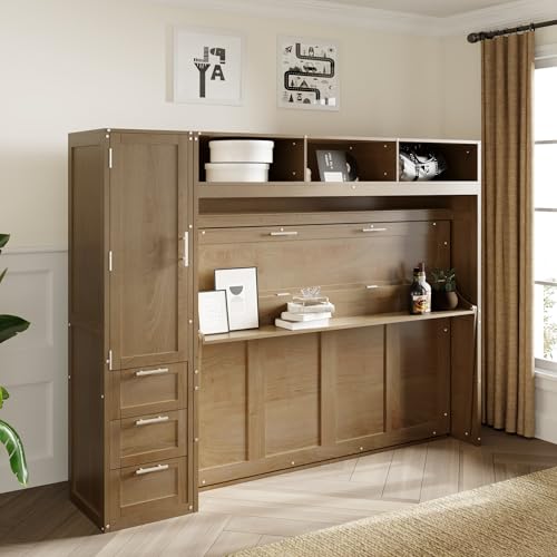 Full Size Murphy Bed with Wardrobe, Solid Wood Wall Bed with Drawers and Open Shelves