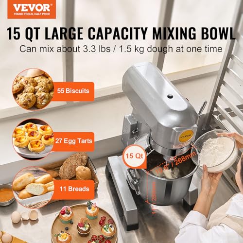 VEVOR Commercial Mixer, Commercial Food Mixer 10Qt Stainless Steel Bowl, 450W Commercial Stand Mixer with 3 Speeds Adjustable