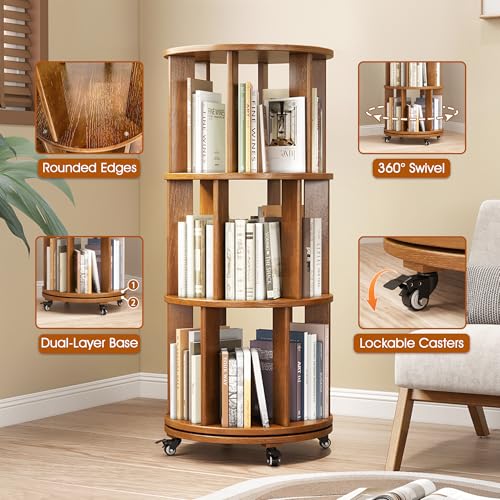 6 Tier Rotating Bookshelf Tower Spinning Bookshelf with Swivel Wheels Book Shelf Rotating Storage Tower for Kids Adult Narrow Walnut Solid Wood