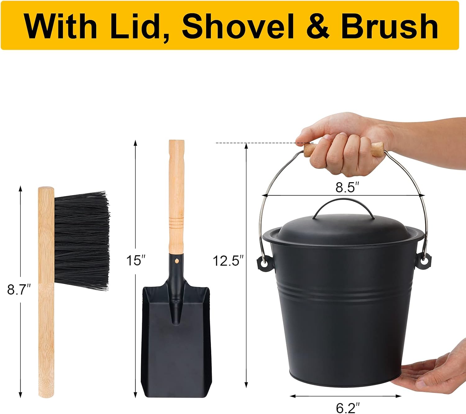 Mini Ash Bucket with Lid, 1.5-Gallon Pail with Shovel and Hand Broom, Metal Bucket Coal and Ash Carrier, Wood Pellet Storage Container