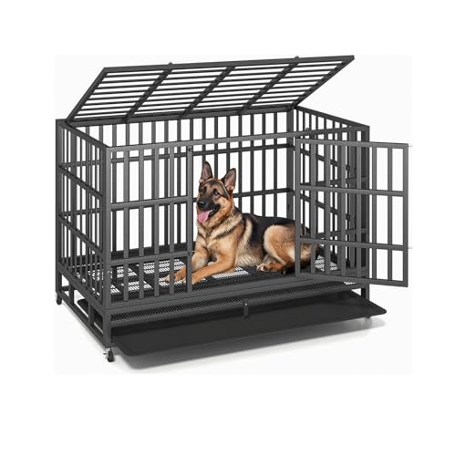 48 Inch Heavy Duty Dog Crate – Indestructible Steel Cage for Large Dogs, Double Door High Anxiety Cage with Removable Tray & Locking Wheels