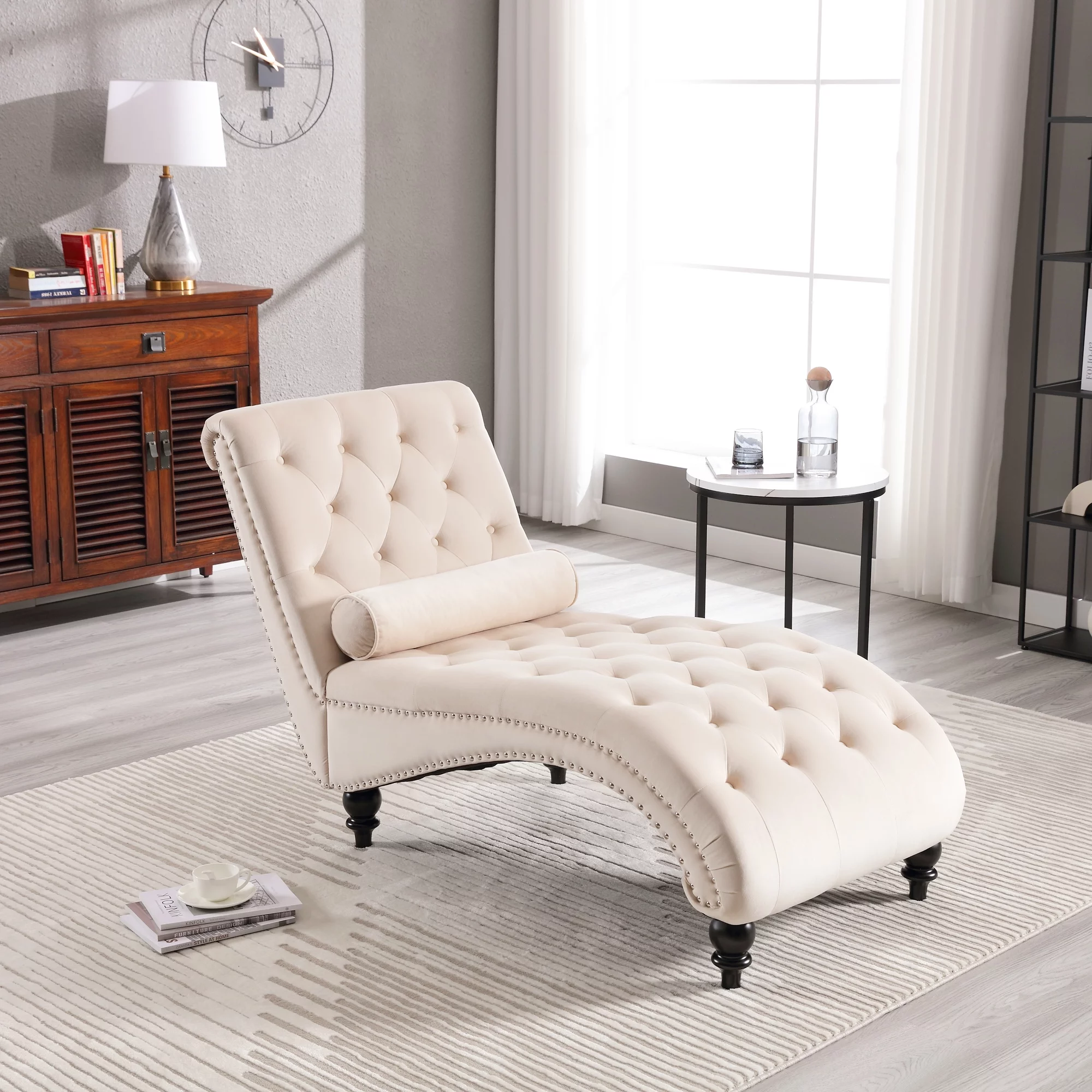 KINFFICT Velvet Chaise Lounge Indoor, Tufted lounge chair with Wood Legs, Leisure Accent Chair Upholstered Lounge Couch for Bedrooom Living Room