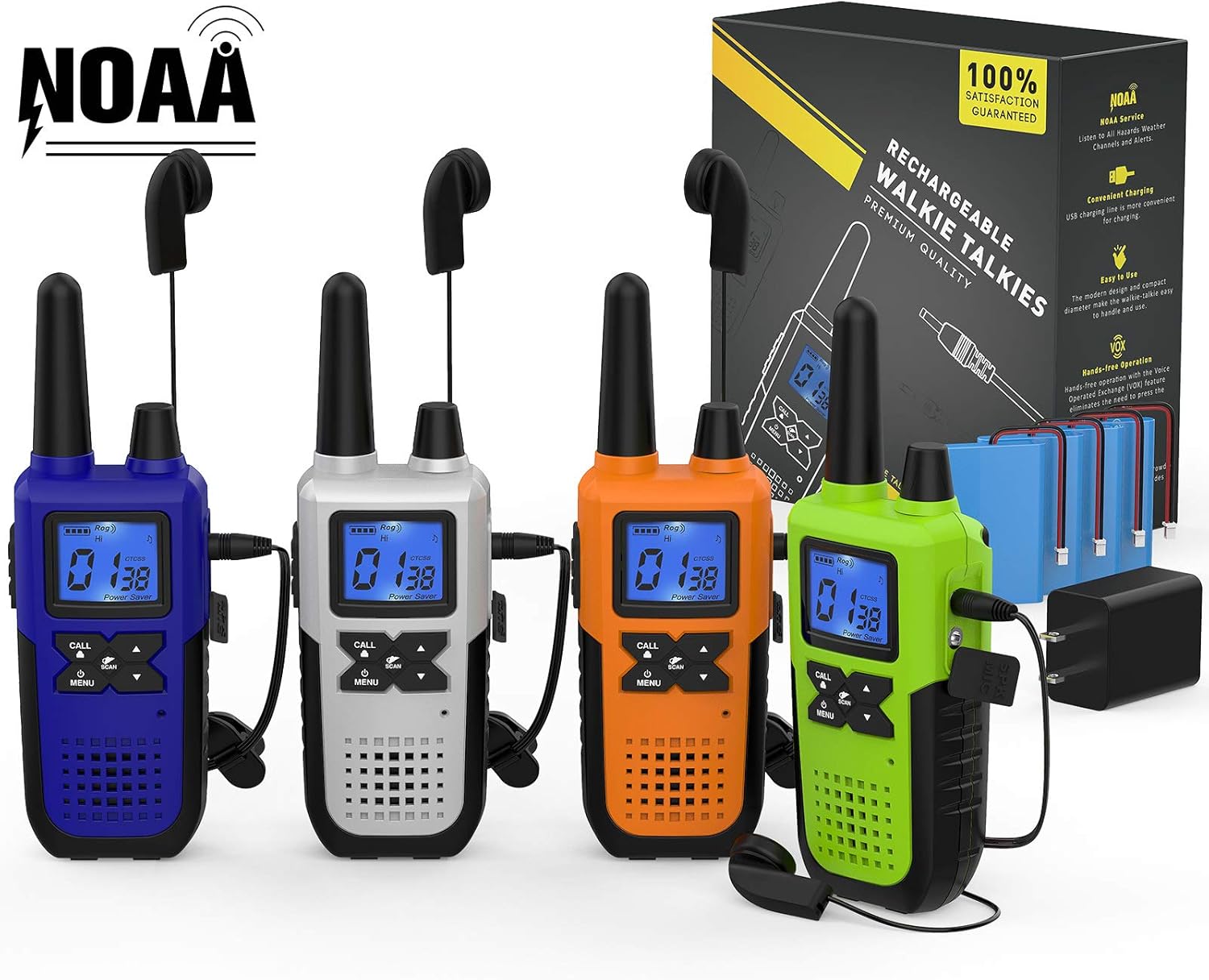 4 Long Range Walkie Talkies Rechargeable for Adults - NOAA 2 Way Radios Walkie Talkies 4 Pack