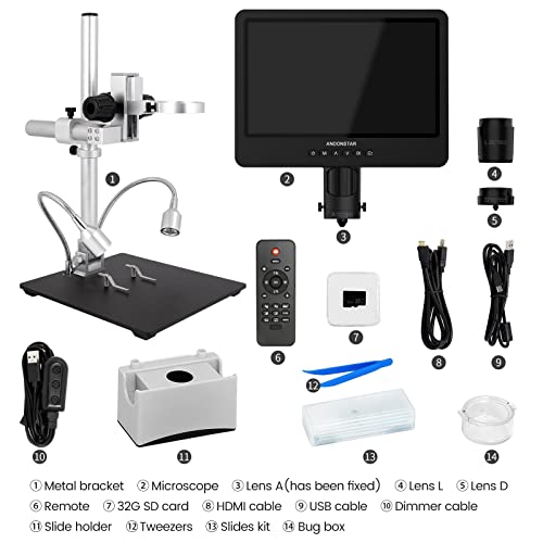 Andonstar AD249S-M 10.1 Inch HDMI Digital Microscope 2000x for Adults, 3 Lens 2160P UHD Video Record, Soldering Microscope for Electronics Repair