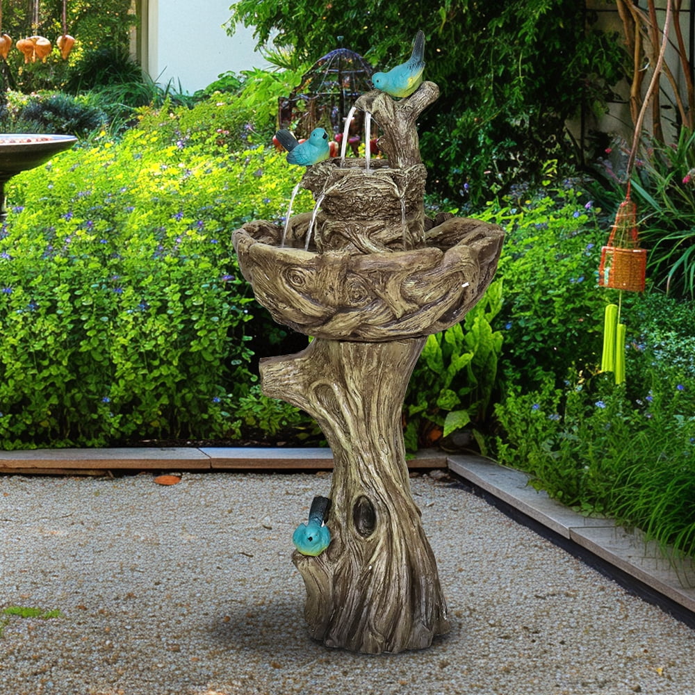 3-Tier Outdoor Water Fountain Bird Bath Patio Fountain Outdoor Stump Like Waterfall Fountain with Birds Decor Freestanding Patio Water Fountain Pump