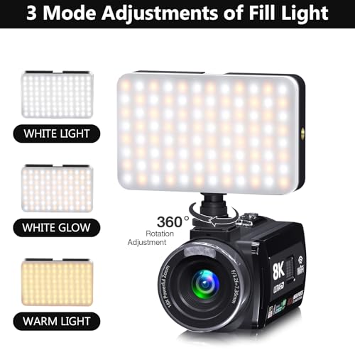 Video Camera, 8K Camcorder 48MP 15FPS UHD WiFi Vlogging Camera with IR Night Vision for YouTube, 3" Touch Screen 18X Digital Zoom, with Fill Light