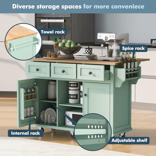 Rolling Kitchen Island on Wheels with Storage Cabinet and Drawers, Island Table for Kitchen with Towel and Spice Rack