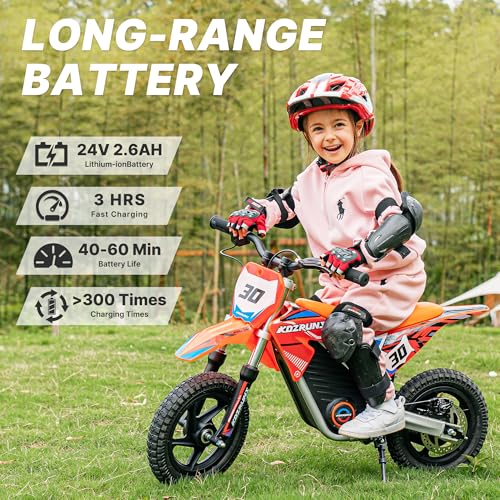 OLALA 36V Electric Dirt Bike for Kids Aged 4-8, Brushless 350W Racing Grade Electric Motorcycle, Up to 18.6MPH & 3 Speed Settings, Dual Disc Brakes