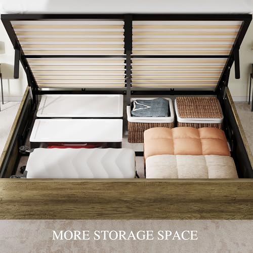 YITAHOME Queen Size Lift Up Bed with Charging Station & RGB LED Lights, PU Leather Upholstered Platform Storage Bookcase Headboard Bed