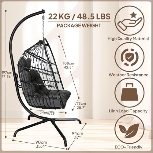 Chihee Egg Chair Foldable Wicker Rattan Hanging Chair Swing Chair Indoor Outdoor Patio Wicker Chair Hammock Chair with Stainless Steel Hanging Kit