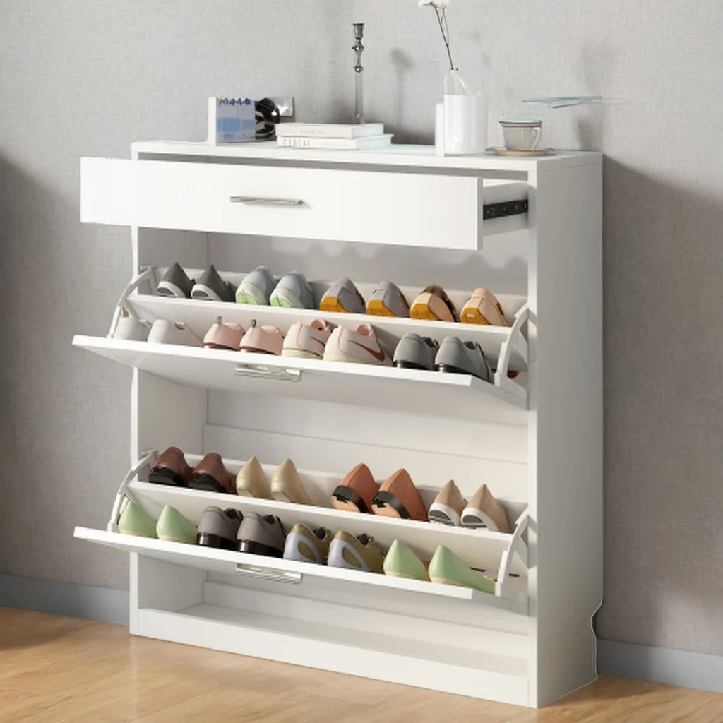 Slim Entryway Organizer with 2 Flip Drawers, Tempered Glass Top Shoe Storage Cabinet with Drawer