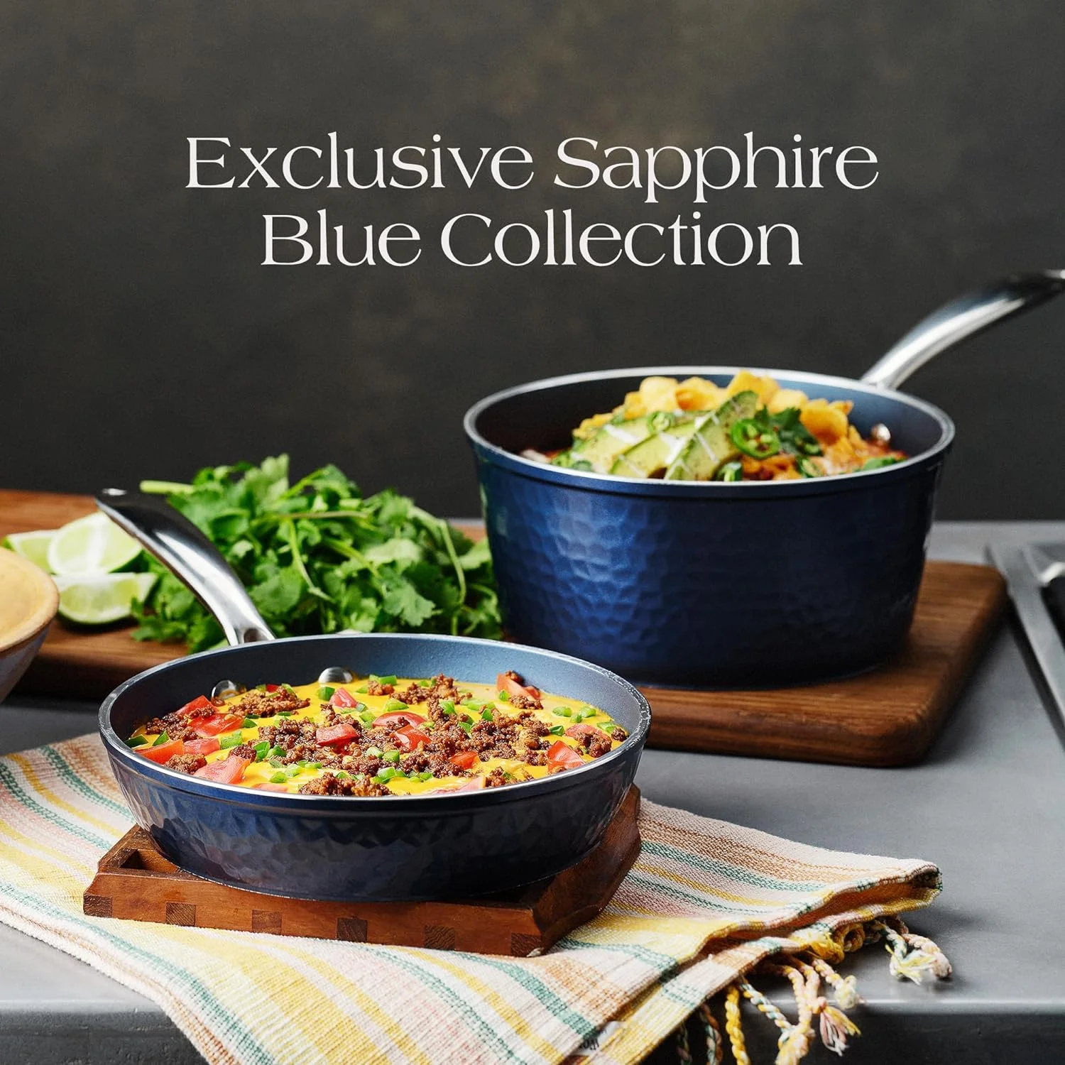 Blue Hammered Collection - Non-Toxic, Non-Stick Ceramic 10 Piece Cookware Set With Glass Lids, Scratch-Resistant, Oven Safe With Upgraded Handles
