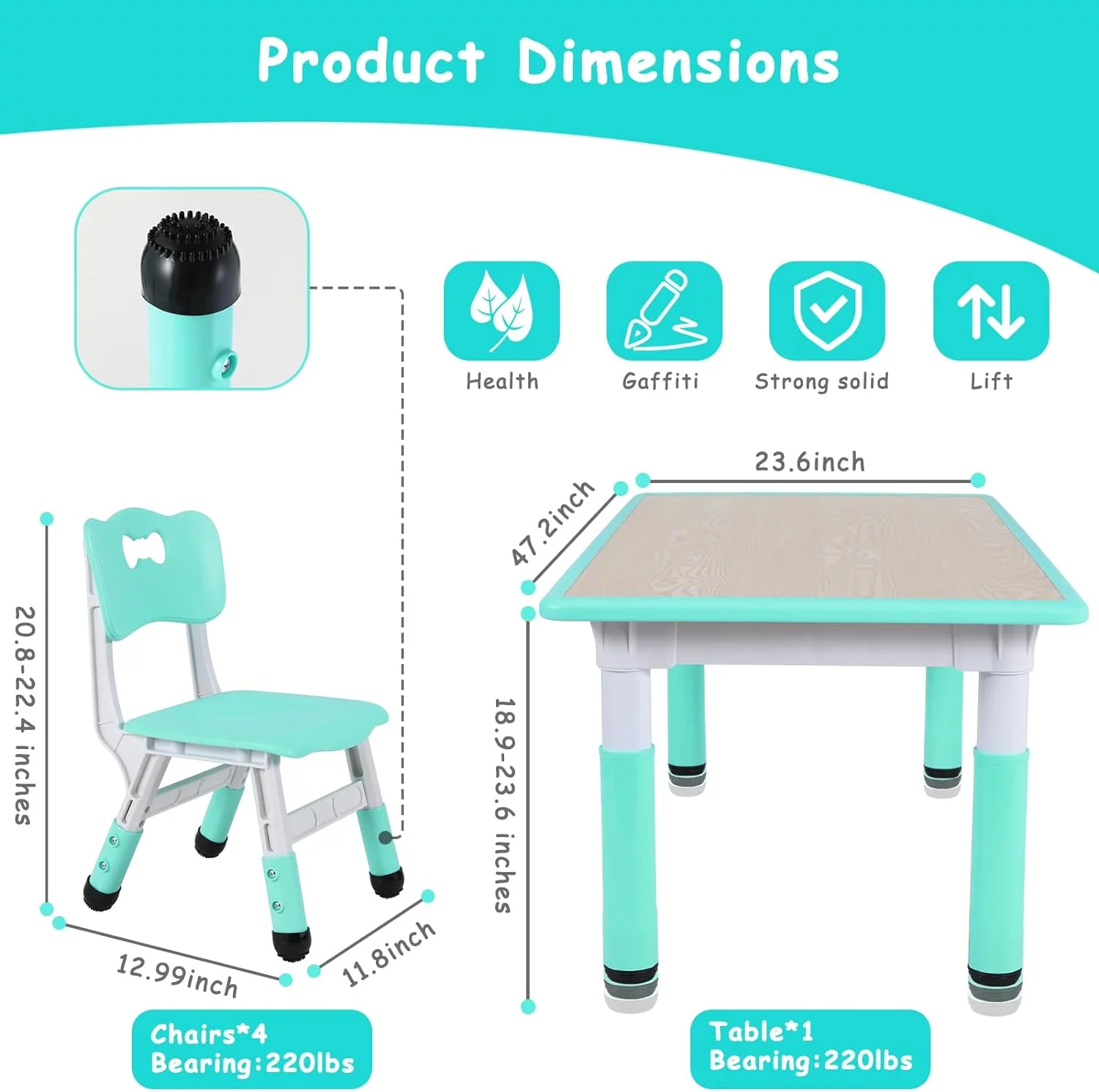 Arlopu Adjustable Kids Table and Chairs Set, 5 Pieces Toddler Play Arts & Crafts Desk Activity Table with 4 Chairs
