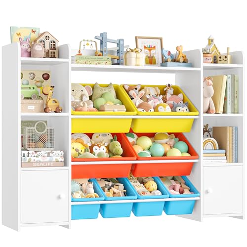 FOTOSOK 55''Large Toy Storage Organizer with 8 Toy Bins, Toy Organizers and Storage with Shelf and 6 Storage Cubbies, Bookshelf for Kids
