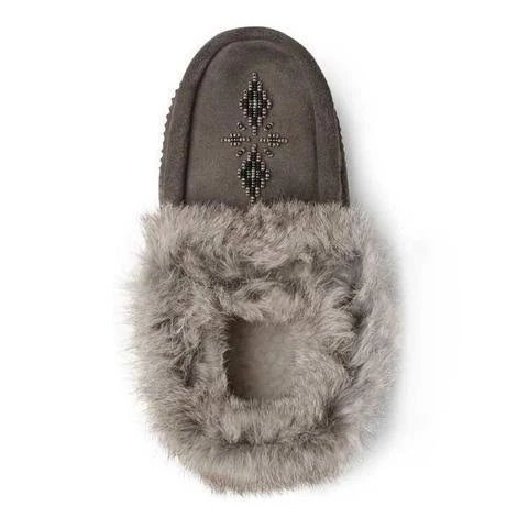Manitobah Mukluks Tipi Suede Rabbit Fur Moccasins - Charcoal 11M