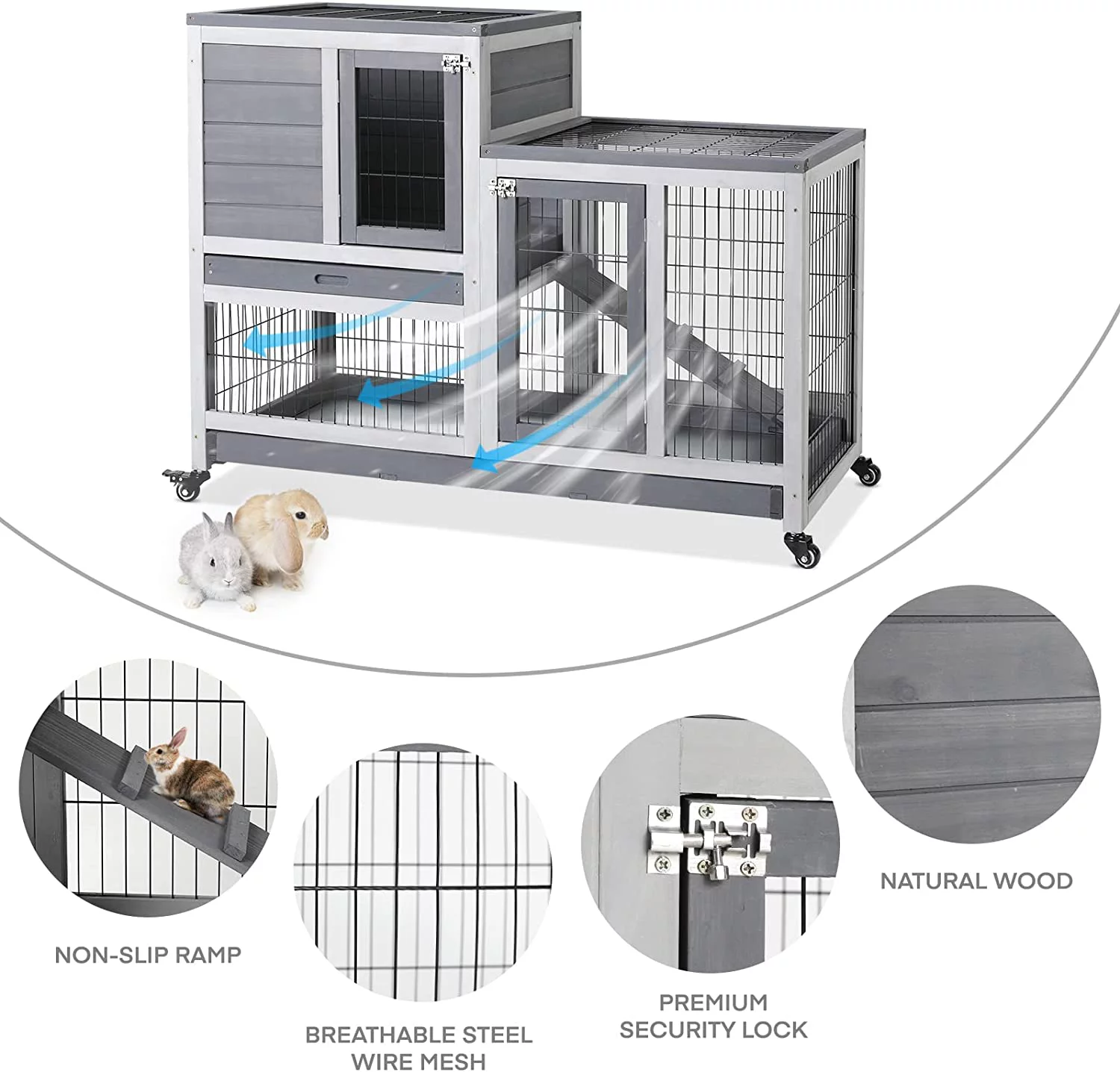 ZPL 43 Inch Rabbit Hutch, Wood Indoor Rabbit Cage Pet Cage with Wheel, Outdoor Large Rolling Bunny Hutch