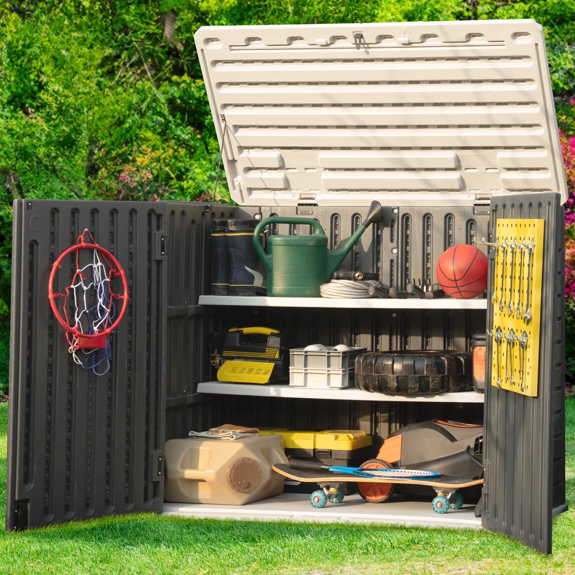 Dextrus Outdoor Horizontal Storage Sheds, Weather Resistant Resin Tool Shed, Multi-Opening Door for Easy Storage of Bike, Trash Cans, Garden Tools