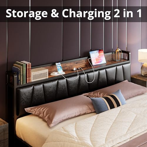 LIKIMIO Full Size Bed Frame, Storage Headboard with Charging Station, Platform Bed with Drawers, No Box Spring Needed, Easy Assembly