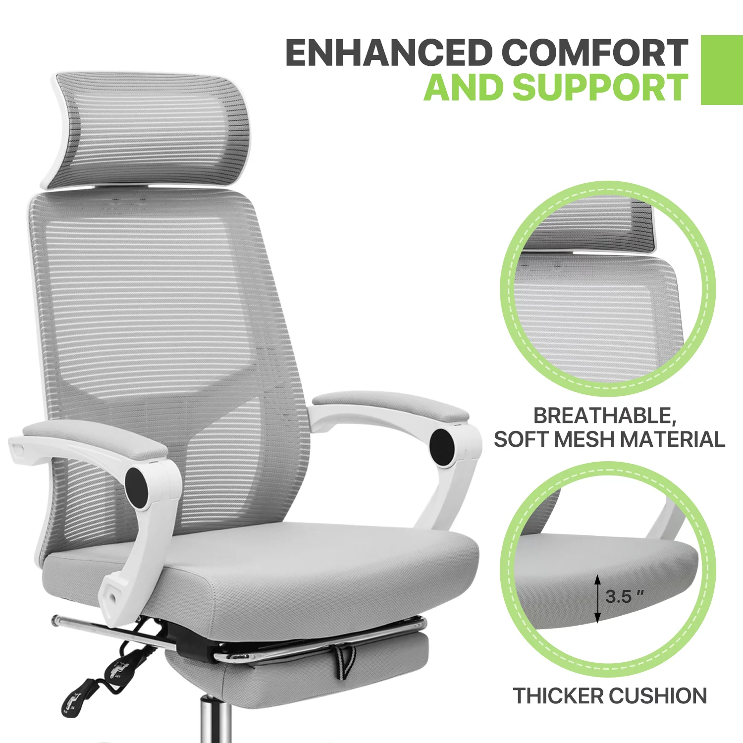 Magshion Ergonomic Office Executive Chair, Adjustable High Back Seat with Headrest & Footrest for Home Office, Grey